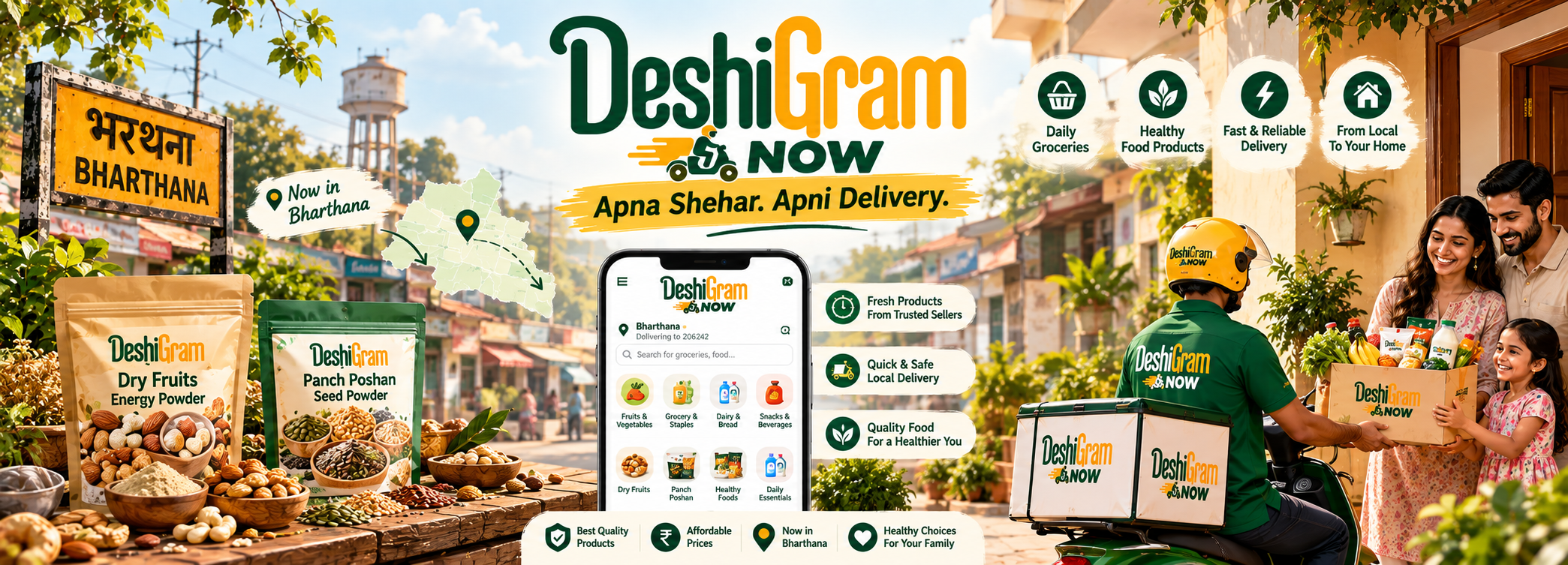 DeshiGram NOW — local groceries, food products and delivery in Bharthana